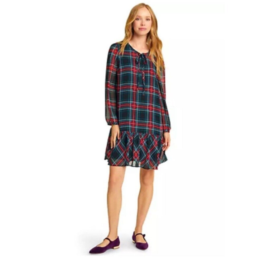 Draper James Green and Red Plaid Midi Dress
